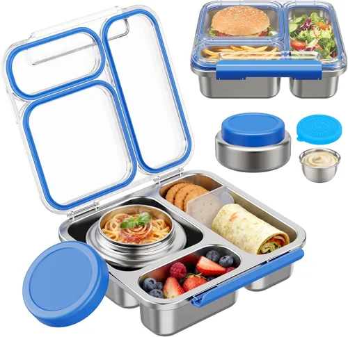 Pawtong Caja Bento de Acero Inoxidable para Niños y Adultos con Frasco de Comida Aislado de 7 oz, Caja de Almuerzo de Metal con Tapa Transparente