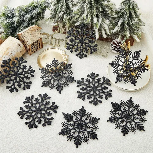 Miniatura 3 de 30 adornos de copos de nieve con purpurina de Navidad, adornos de copos de nieve de plástico - decoraciones para árbol de Navidad, 4.7 pulgadas Negro
