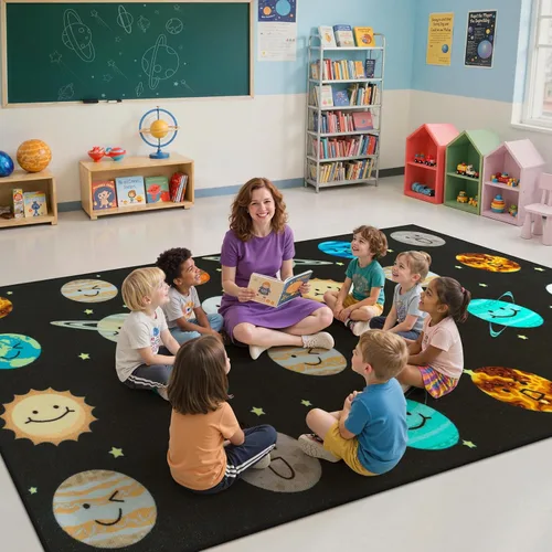 Miniatura 4 de STARUIA Alfombra de aula con cara sonriente de planeta, 5 x 7.6 pulgadas, alfombra educativa circular para aula, preescolar, guardería, alfombra