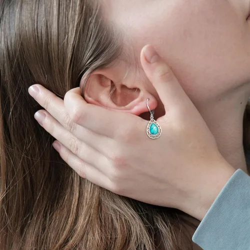 Miniatura 235 de Aretes colgantes de plata de ley con diseño de árbol de la vida, flor, abeja, animales, gato, colibrí, piedra lunar, turquesa, aretes con cierre