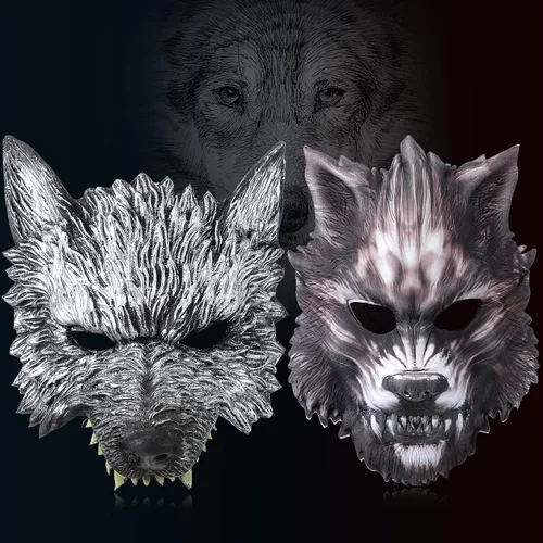 Miniatura 5 de Máscara de lobo de 2 peces, máscara de hombre lobo de media cara para cosplay, disfraces, actuaciones escénicas y festivales