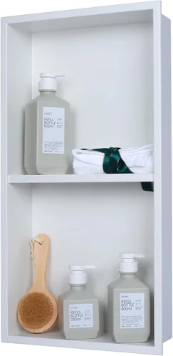 Miniatura 20 de Nicho de ducha empotrado de 24 x 12 pulgadas con estantes dobles, inserto de pared de acero inoxidable negro mate, no necesita azulejos