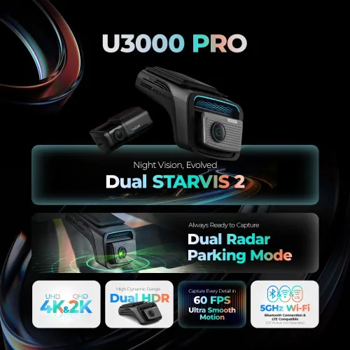 Miniatura 2 de Thinkware 4K Cámara de tablero dual U3000 PRO, frontal y trasera con Sony STARVIS 2, estacionamiento por radar, visión nocturna súper 4.0, Wi‑Fi