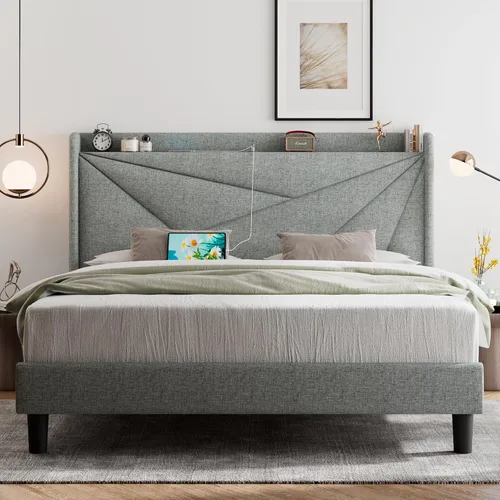 Miniatura 17 de Feonase - Base de cama de tamaño individual con plataforma tapizada, base de cama tapizada con respaldo abatible, listones de madera maciza y Gris