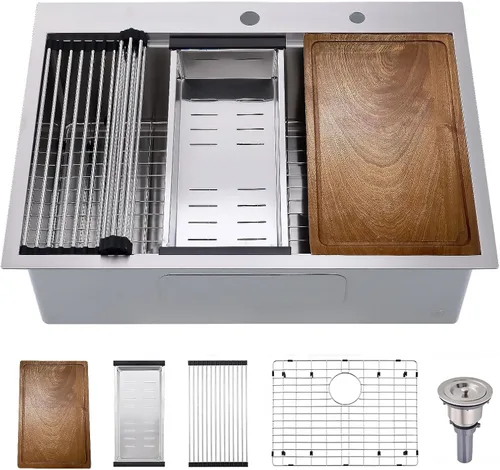 Miniatura 3 de Fregadero de cocina de 33 x 19 pulgadas, estación de trabajo de montaje superior, de acero inoxidable calibre 16, fregadero de cocina de un solo