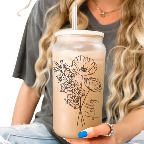Juego de vasos personalizados con diseño de flor de nacimiento de pajita, taza de vidrio personalizada con tapa, ideas de propuesta de dama de honor