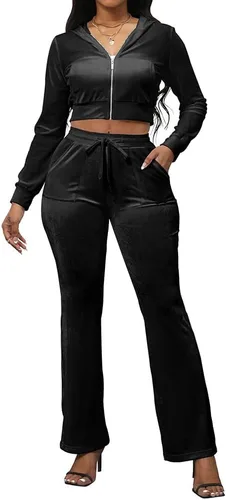 Miniatura 2 de PINSV Conjunto de 2 piezas de terciopelo para mujer, sudadera con capucha y cremallera para correr, conjunto de entrenamiento