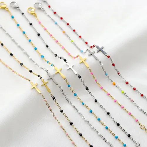 Miniatura 2 de Pulsera de Cuentas con Cruz Chapada en Oro de 14K para Mujeres, Pulsera de Acero Inoxidable Ajustable con Cruz de Fe Religiosa, Pulsera de Cadena