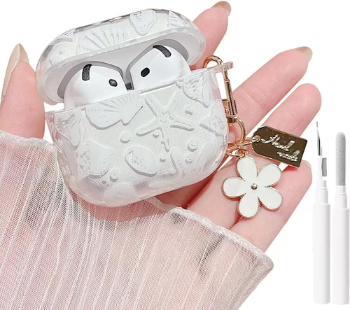 Miniatura 15 de MINSCOSE Compatible con AirPods Pro de 2ª/1ª generación, bonito diseño de patrón de conchas y estrellas de mar con llavero, funda protectora de TPU