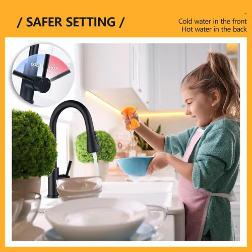 Miniatura 6 de Hiqufet Grifo de cocina negro con rociador desplegable, Grifos de fregadero de cocina para autocaravana para llenador de ollas, Fregadero de bar