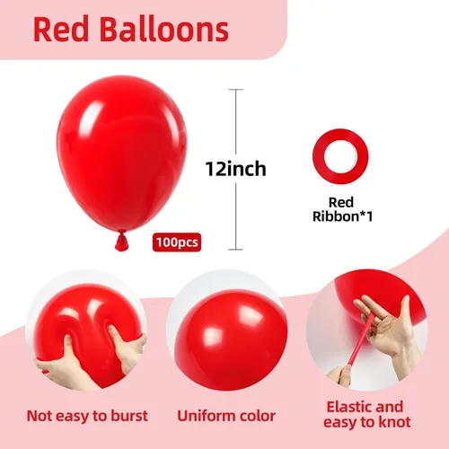 Miniatura 2 de FOTIOMRG Paquete de 100 globos rojos de 12 pulgadas, globos de látex rojos para el día de San Valentín, cumpleaños, boda, decoración de fiesta
