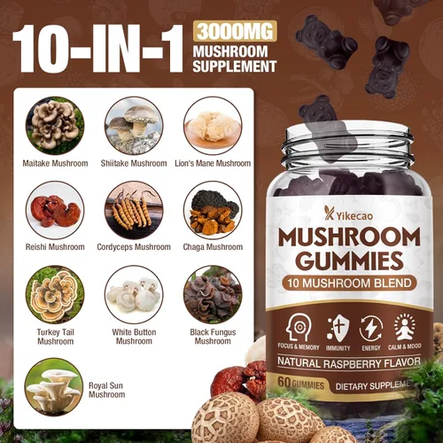 Miniatura 3 de Gomitas de hongos para adultos, suplemento de 10 mezclas de hongos con melena de león, cordyceps, reishi, chaga y cola de pavo para concentración