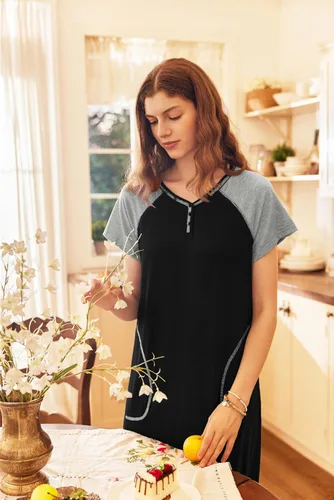Miniatura 3 de Ekouaer Camisón largo para mujer, ropa de descanso, manga corta, ropa de dormir, camisa de dormir de longitud completa con bolsillos