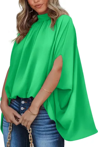 Miniatura 43 de BTFBM Blusas de verano para mujer, cuello alto falso, manga murciélago, holgadas, dobladillo alto y bajo, blusas informales de gran