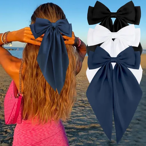 Miniatura 17 de Velscrun Lazos para el cabello para mujeres y niñas, 3 unidades, lazo blanco, lazo negro, azul marino, lazos grandes para el cabello con clip, lazos