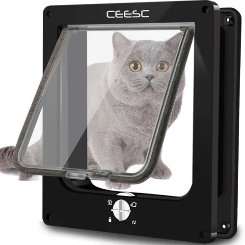Miniatura 10 de CEESC - Puerta grande para gatos para puerta interior/exterior, resistente a la intemperie, negra, puerta para mascotas con bloqueo giratorio de 4