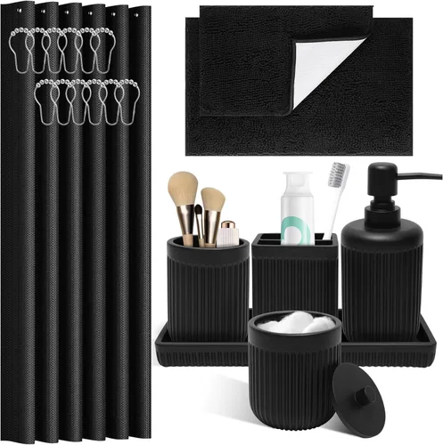 Miniatura 19 de XLHOMO Juego de accesorios de baño de resina beige de 5 piezas, dispensador de jabón y loción, soporte para cepillo de dientes, vaso de baño, porta