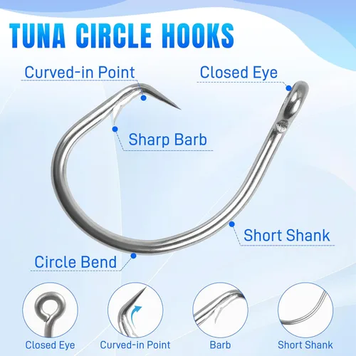 Miniatura 2 de Ganchos circulares de pesca de agua salada, 20 ganchos circulares en línea de acero inoxidable, 2 ganchos grandes extra fuertes, ganchos circulares