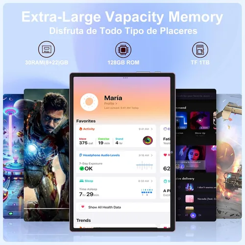 Miniatura 5 de Tablet Android 15, 30 GB de RAM + 128 GB de ROM 1 TB TF, tableta 2025 con teclado y mouse, pantalla táctil de 10.1 pulgadas, batería de 8000 mAh