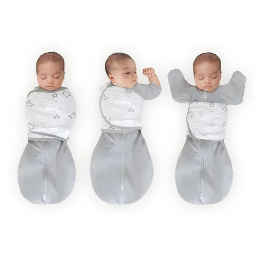Amazing Baby Omni - Saco de dormir de transición, con mangas envolventes y brazos y puños de manoplas, estrellas grises, talla S, 0-3 meses