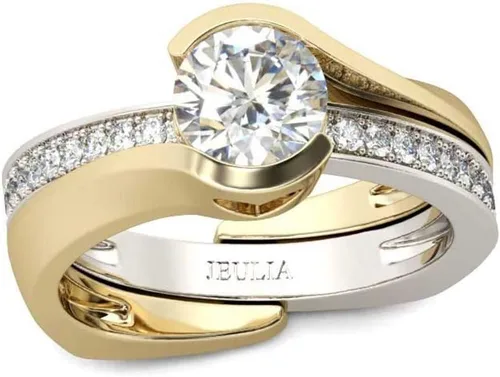 Miniatura 8 de Jeulia Anillo asimétrico de 2,5 quilates para mujer de corte redondo de diamantes de 14 quilates chapado en oro de 14 quilates anillos de compromiso