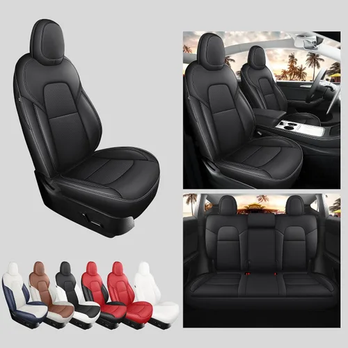 Miniatura 7 de Fundas de Asiento Negras para Tesla Model Y, Funda de Asiento de Coche Tesla de 12 Piezas, Impermeable, Cuero Nappa, Totalmente Envueltas, Negro