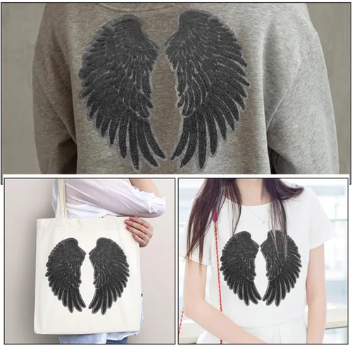 Miniatura 8 de Artibetter Angel Wing Embroidery Sequin Patches 2pcs Medium Black Iron-on Applique for DIY Clothing Repair and Decoration, Large Sewing Supplies for