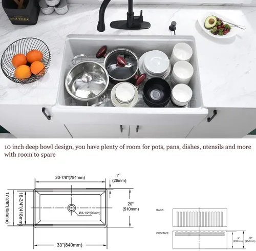 Miniatura 8 de Fregadero de cocina de arcilla refractaria de 33 pulgadas, 33 x 20 pulgadas, color blanco, delantal frontal de cerámica de porcelana de campo