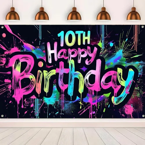 Miniatura 5 de HOMETITUTE Pancarta de Neón de Feliz 10mo Cumpleaños 71 x 43 pulgadas, Salpicadura de Pintura que Brilla en la Oscuridad, Telón de Fondo