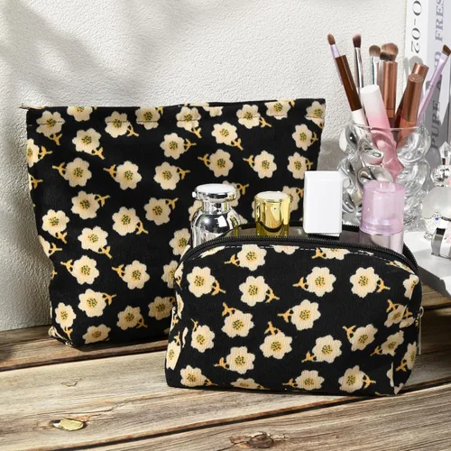 Miniatura 6 de SOIDRAM 2 Piezas Bolsa de Maquillaje con Flores, Bolsa de Cosméticos Grande de Capacidad, de Lona, Mezcla de Viaje, Organizador de Artículos de Flor