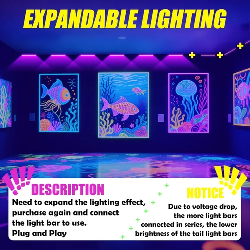 Miniatura 5 de Barra de luz negra LED enlazable de 45 W con cable de 6.6 pies, brilla en la oscuridad de 28 x 28 pies, para fiesta brillante, decoración de neón