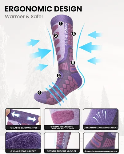 Miniatura 3 de OutdoorMaster Calcetines de esquí de lana merina, 23 pares sobre la pantorrilla, puños antideslizantes para hombres y mujeres, calcetines térmicos