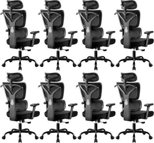 Miniatura 10 de Silla de oficina ergonómica con respaldo alto y soporte lumbar, silla de computadora de malla transpirable con reposabrazos ajustables, silla Blanco
