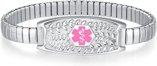 Miniatura 8 de Pulsera de Alerta Médica Elástica Oliva Divoti – Etiqueta de ID de Acero Inoxidable Grabada Personalizada – Hipoalergénica, Sin Cierre