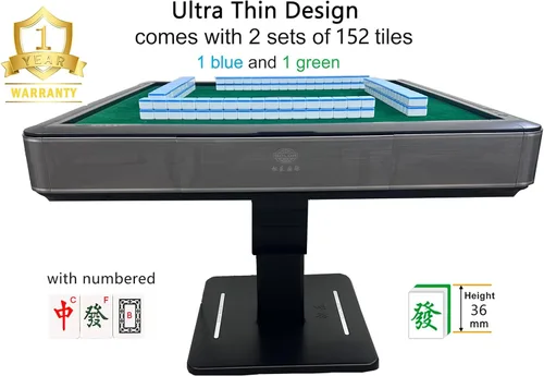 Miniatura 3 de Mesa Mahjong automática plegable ultra fina gris de 1.417 in azulejos numerados de Mahjong americano + 4 estantes + cubierta de mesa dura.