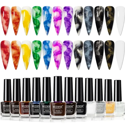 MIZHSE 12 PCS Esmaltes de Uñas de Mármol, Gel Floreciente Tinta de Mármol para Uñas Dorado Azul Morado Tinta de Uñas Acuarela Gel Mágico Floreciente