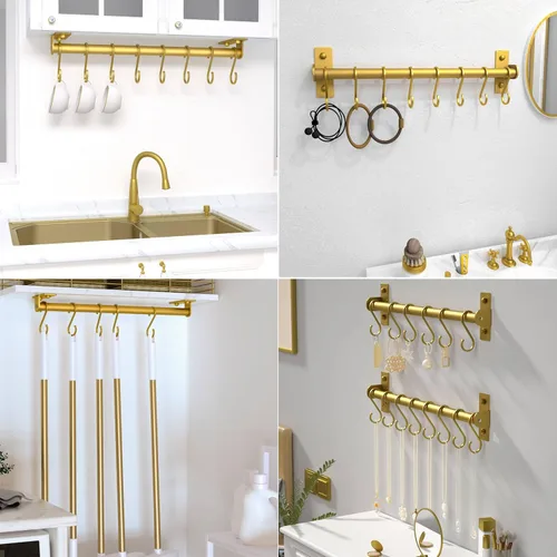 Miniatura 7 de Dseap Soporte Colgante para Utensilios de Cocina, Estante para Ollas y Sartenes Montado en la Pared, Riel de Cocina con 8 Ganchos para Colgar Dorado