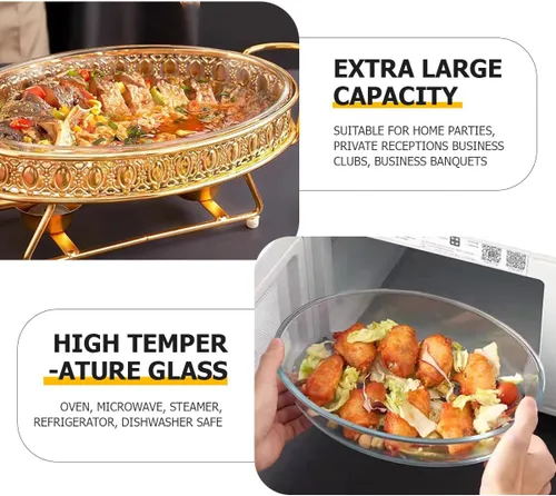 Miniatura 4 de Juego de platos de bufé de acero inoxidable ovalado con cubiertas, servidores de bufé y calentadores de alimentos para fiestas, bodas, banquetes al