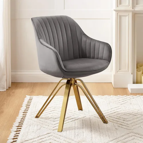 Miniatura 9 de Art Leon Silla giratoria moderna de mediados de siglo, silla de escritorio sin ruedas, sillón tapizado de tela con patas doradas, blanco roto Blanco