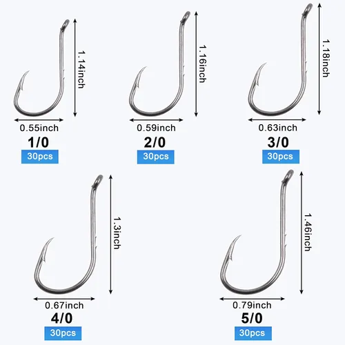 Miniatura 4 de Kit de anzuelos de pesca de pulpo, 130 piezas de ganchos circulares de pulpo desplazados, anzuelos en J de acero de alto carbono para agua dulce