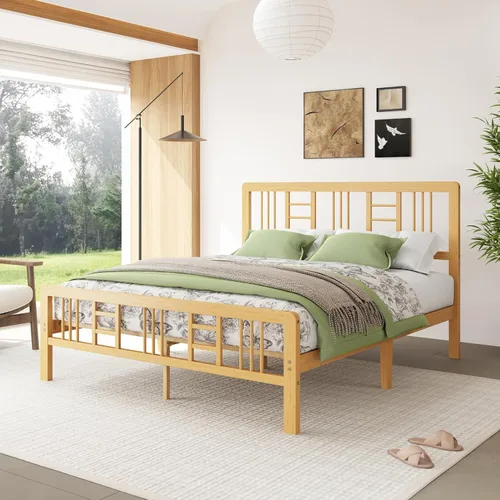 Miniatura 10 de Marco de cama de madera de bambú de 12 pulgadas con cabecero y estribo, marco de cama con soporte de listones de metal, resistente, no necesita