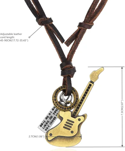 Miniatura 3 de BIYONGDE Hoja de plumas vintage, guitarra, dos círculos, collar con colgante de cruz de espada, cuero marrón ajustable, étnico
