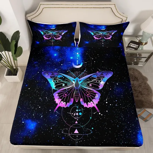 Sábana bajera ajustable de mariposa, tamaño individual, estrellas estrelladas, galaxia azul, nebulosa, universo de nebulosa, suave, lujoso, juego de