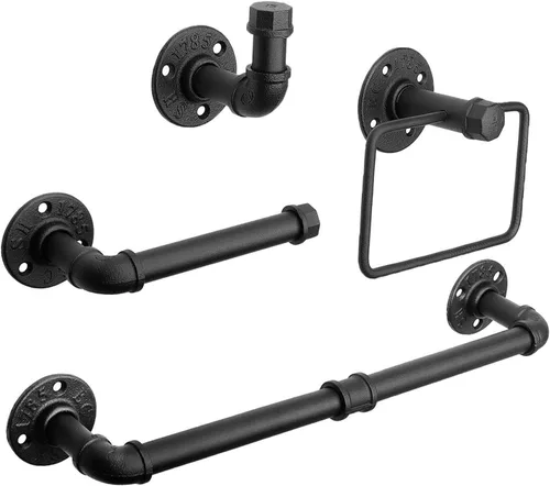 Kit de Anillo de Toalla Jeasor de 4 Piezas de Tubo Industrial para Baño, Kit de Accesorios de Montaje en Pared DIY Incluye Gancho para Bata, Barra