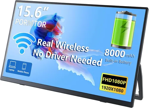 Monitor portátil inalámbrico con batería, monitor inalámbrico para computadora portátil de 15.6 pulgadas, 1080P FHD monitor de viaje para laptop,