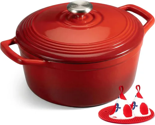 Miniatura 19 de Overmont Horno holandés de hierro fundido esmaltado, olla de 5.5 cuartos de galón con tapa de asas anchas, libro de cocina y agarraderas de algodón