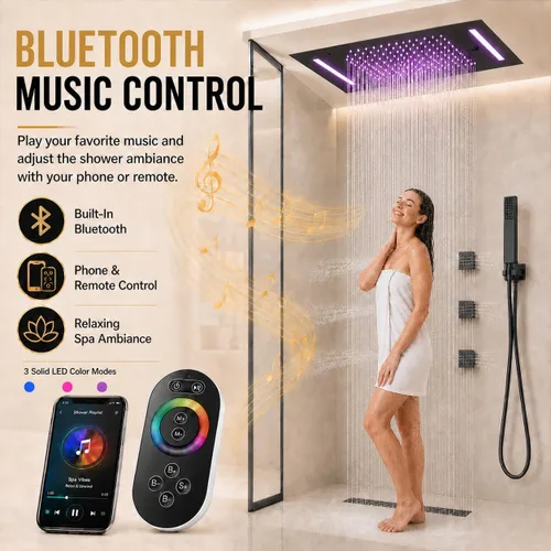 Miniatura 5 de MONDAWE Sistema de chorros de ducha termostáticos de cuerpo completo de 23 pulgadas, 64 colores LED con música, cascada de lluvia, sistema