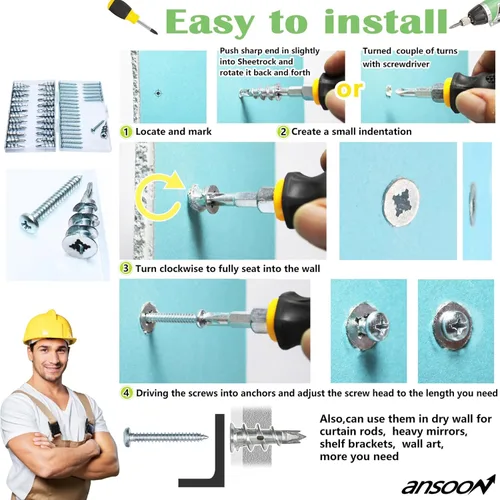 Miniatura 4 de Kit de anclajes de yeso autoperforantes de zinc Ansoon con tornillos, 25 anclajes de pared de metal resistentes y 25 tornillos #8 x 1-1/4 pulgadas