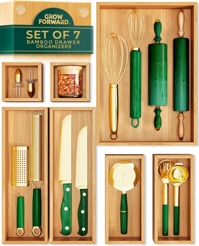 Grow Forward Cajas Organizadoras de Cajones de Bambú - Juego de 7 Organizadores de Cajones de Madera para Cocina, Baño, Oficina, Escritorio,
