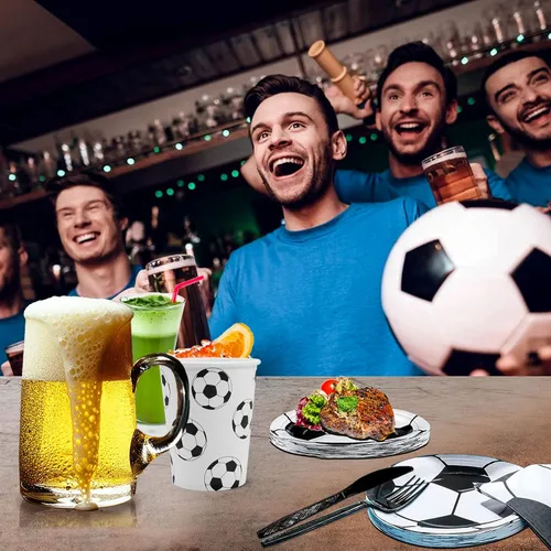 Miniatura 6 de Juego de vajilla de 144 piezas para fiesta de fútbol, para 24 invitados, incluye platos de papel, servilletas, tazas, cuchillos, tenedores